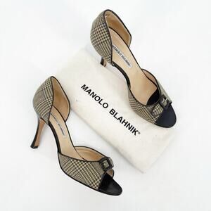 Manolo Blahnik Vintage Brown Beige Houndstooth Buckle Peep Toe Heels IT 39.5